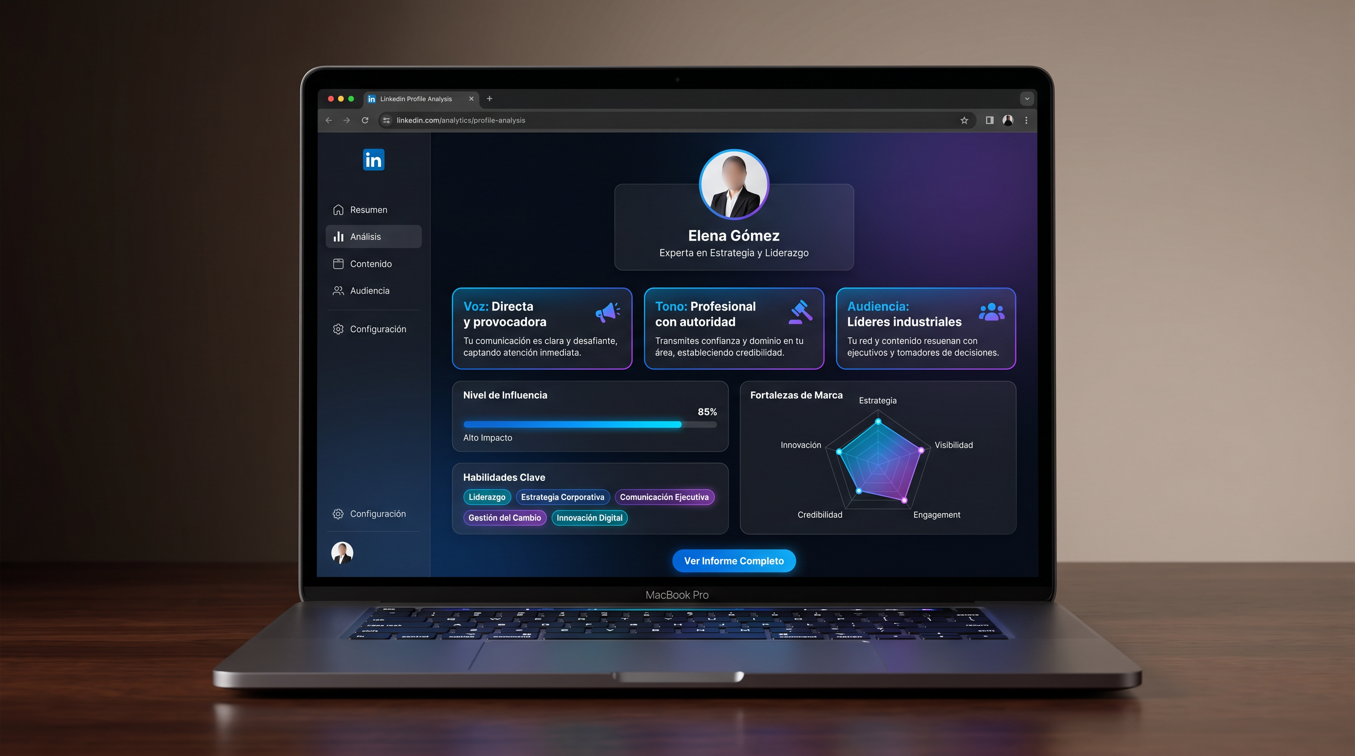 Dashboard de análisis de perfil de LinkedIn mostrando voz, tono y audiencia detectados