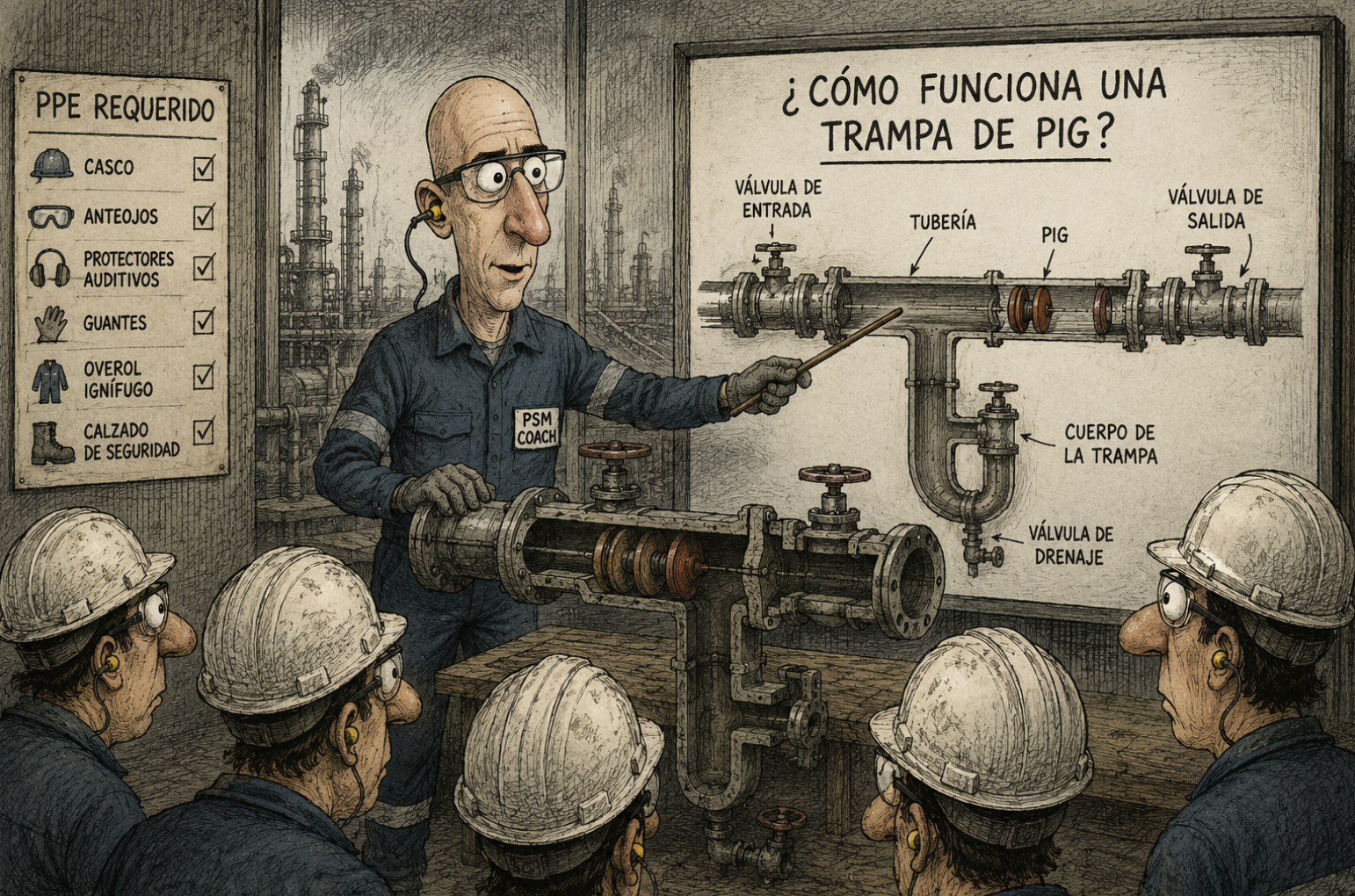 Instructor de seguridad industrial explicando trampa de pig con diagrama técnico
