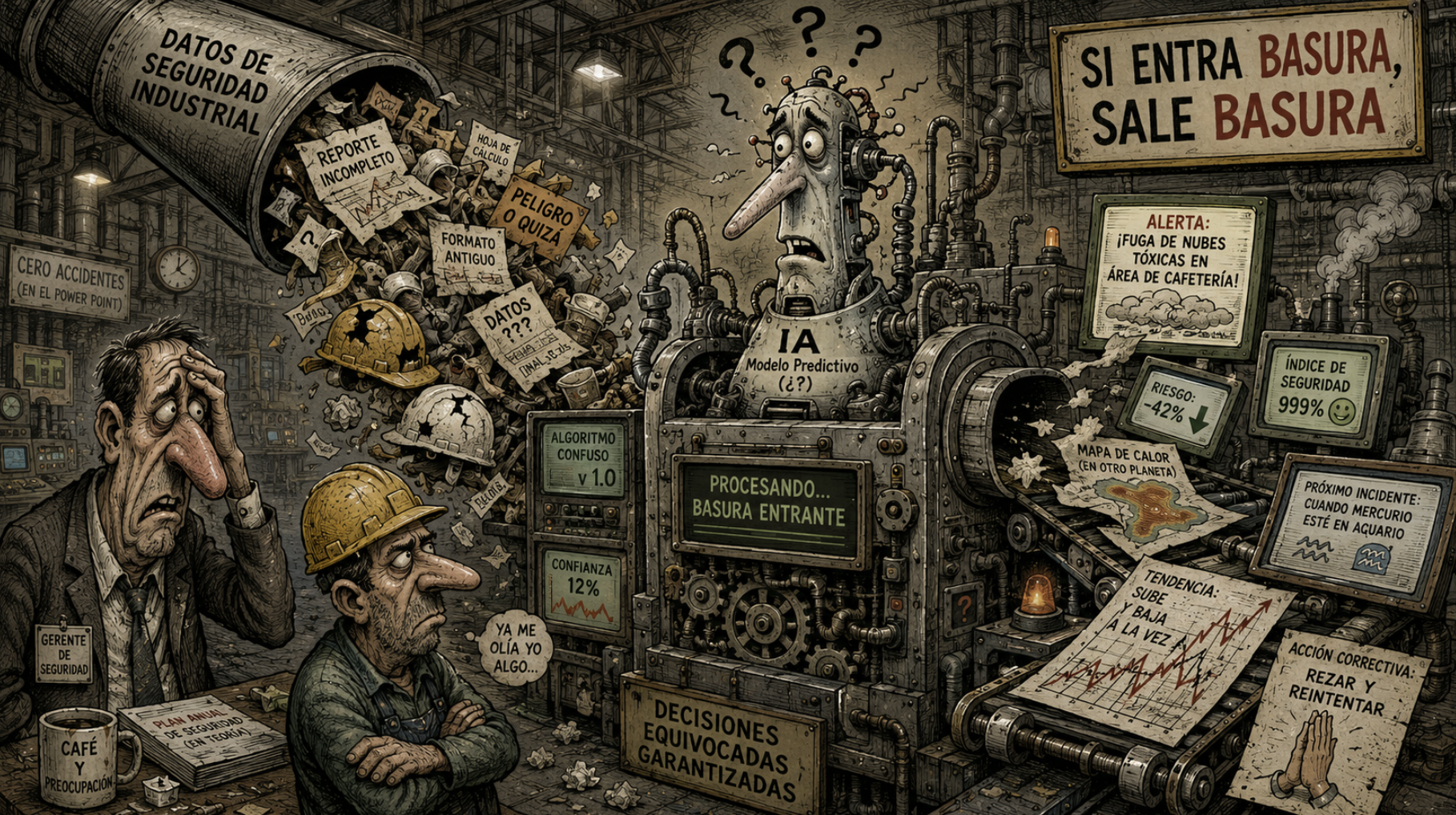 Sátira sobre inteligencia artificial procesando datos basura de seguridad industrial